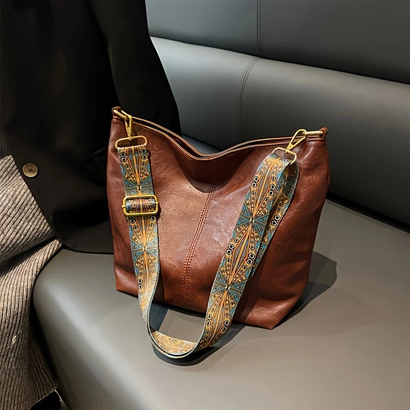 Retro Style Zipper Shoulder Bag, Large Capacity Crossbody Bag