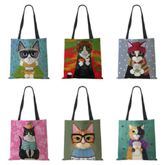 Cat Print Canvas Shoulder Bag Women Shopping Reusable Handbag Large Capacity
