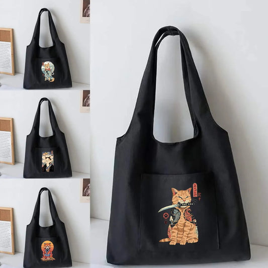 Cat Pattern Canvas Vest Bag Women Large Capacity Shopper Tote Bag