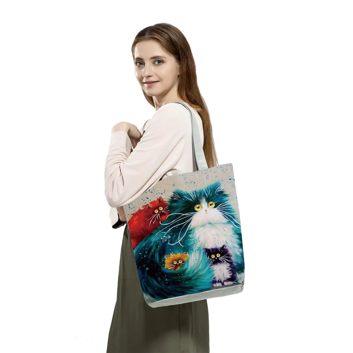 Cat Tote Bag Eco Friendly Cartoon Handbags High Capacity Portable Shopping Bag