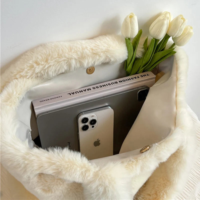 Plush Fur Handbag Solid Big Top Handle Bag Portable Travel Phone Bags