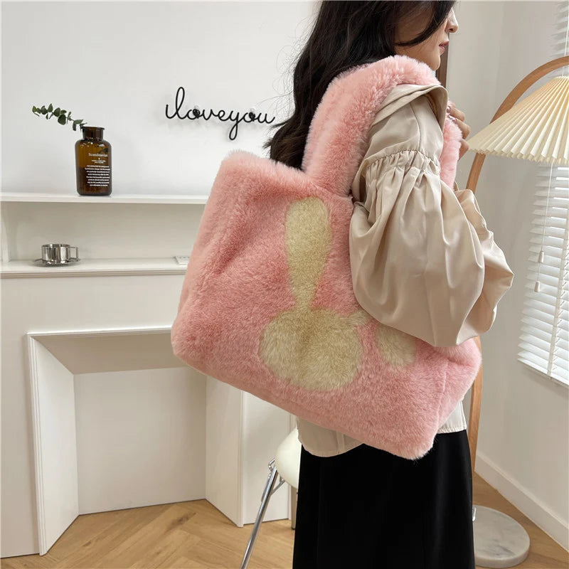 Plush Fur Handbag Solid Big Top Handle Bag Portable Travel Phone Bags