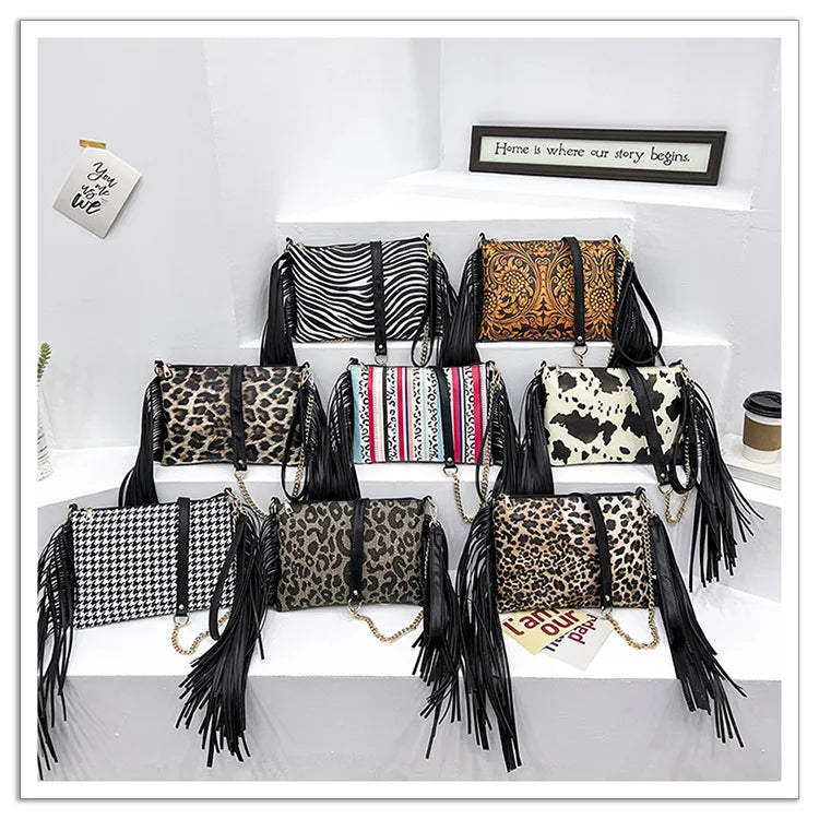 Celela Tassel Shoulder Bag Leopard Print Purse Clutch