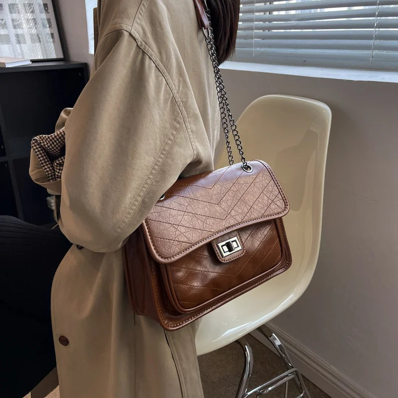 Chain PU Leather Crossbody Bags For Women Shoulder Flap Bag Lady Thread Handbags