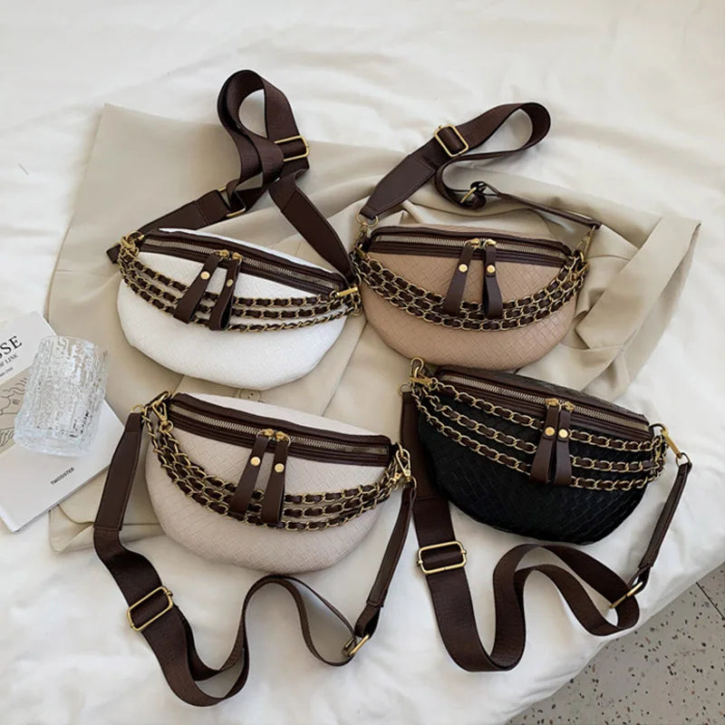 Chain Waist Bags Weave PU Leather Fanny Pack For Women Waist Pack