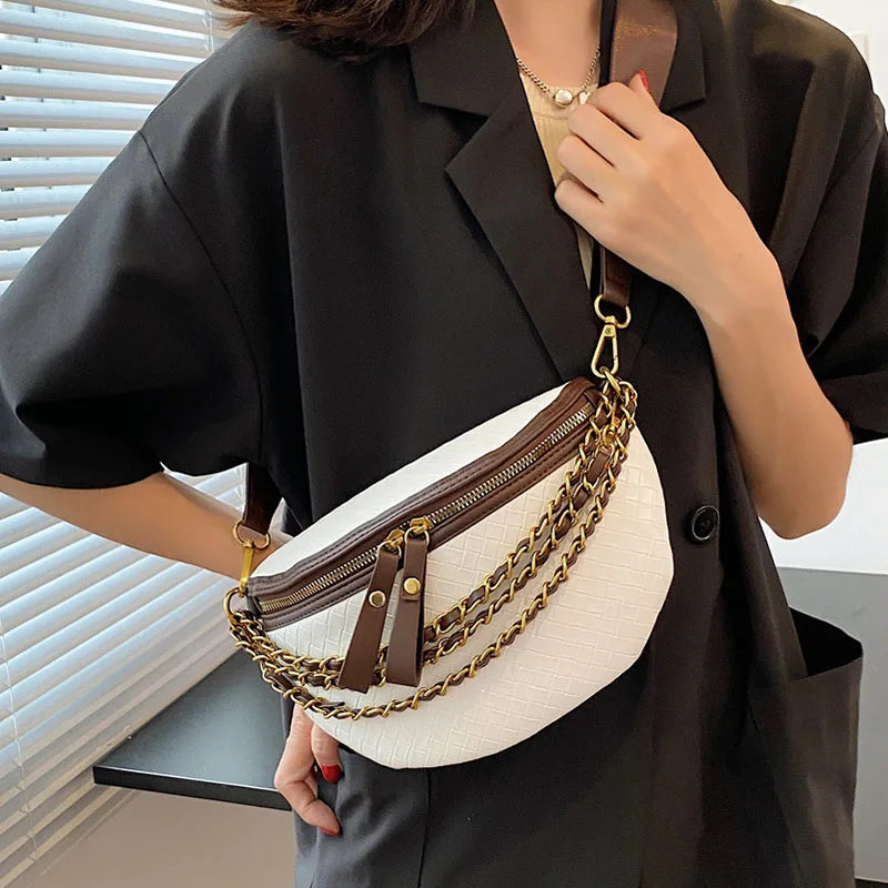 Chain Waist Bags Weave PU Leather Fanny Pack For Women Waist Pack