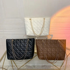 Brown Chain Quilted Shoulder Bag Large Tote Bag Zipper Leather Sh