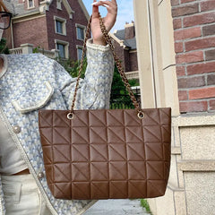 Brown Chain Quilted Shoulder Bag Large Tote Bag Zipper Leather Sh