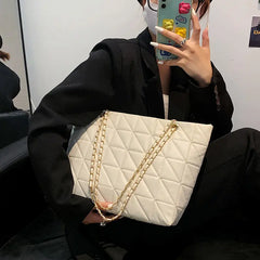 Brown Chain Quilted Shoulder Bag Large Tote Bag Zipper Leather Sh