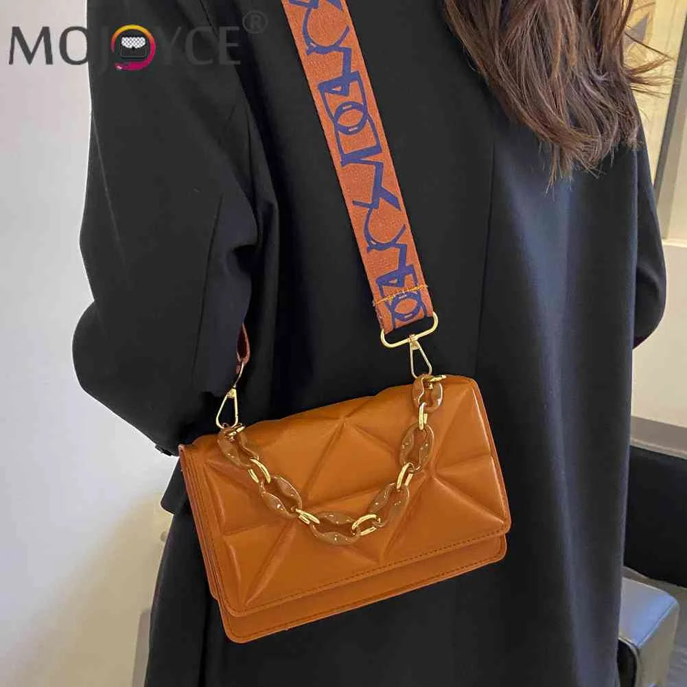 Embossed Chain Shoulder Bag with Wide Strap for Weekend Vacation