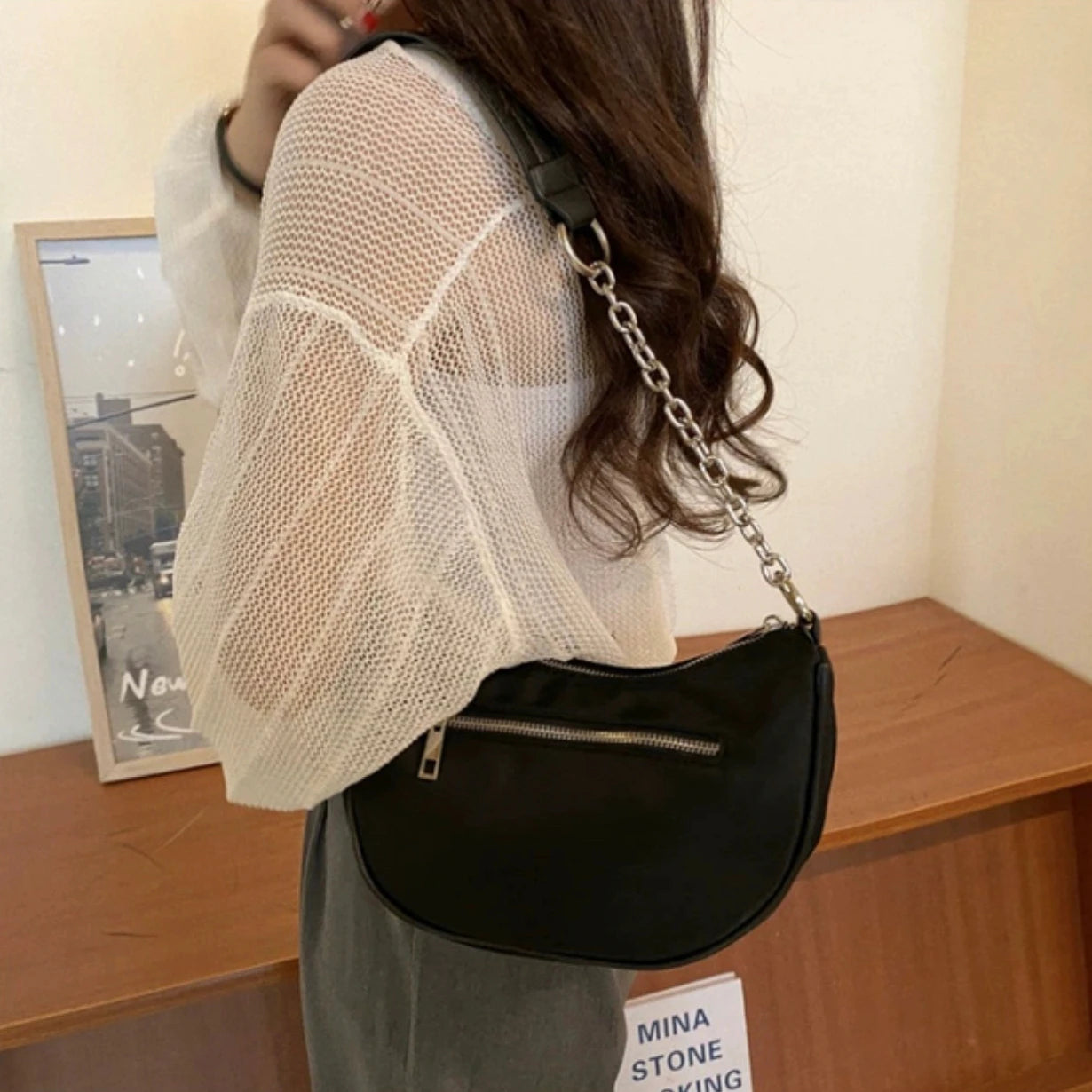 Chain Underarm Shoulder Bags Women Solid Minimal