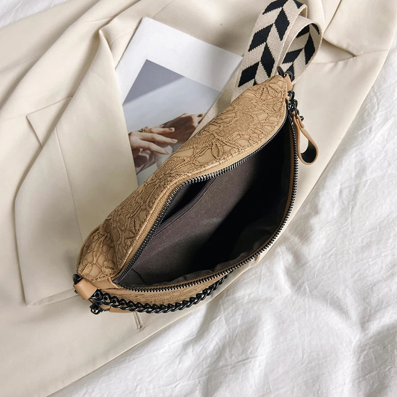 Jacquard Embroidered Crossbody Waist Bag Wide Strap Chest Bag