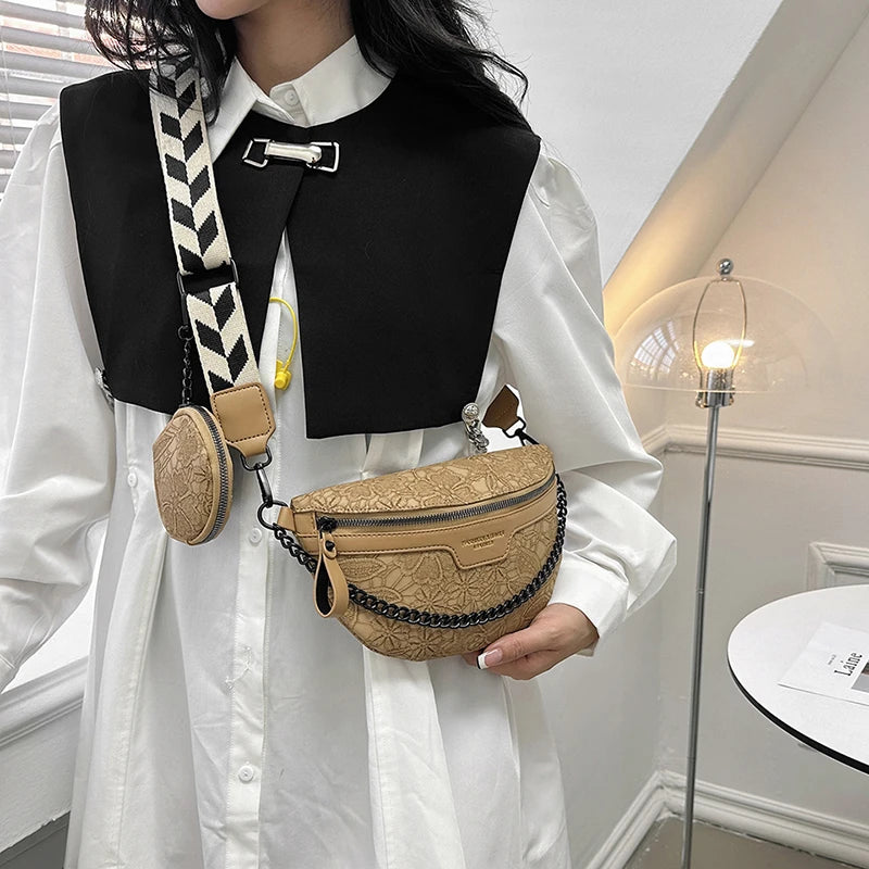 Jacquard Embroidered Crossbody Waist Bag Wide Strap Chest Bag