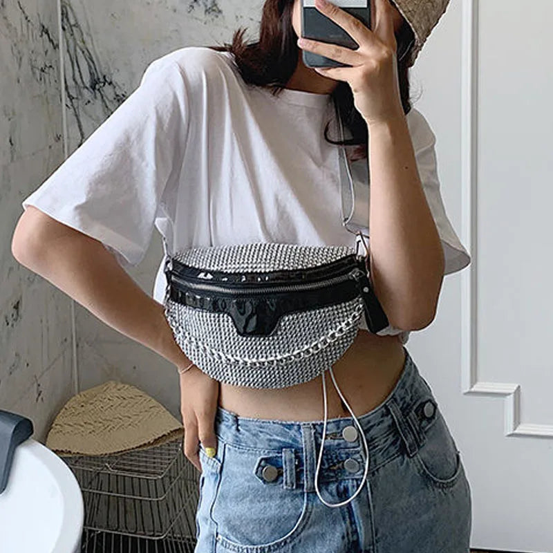 Leather Waist Pack Crossbody Chest Bags Bright Diamonds Female Belt Bag