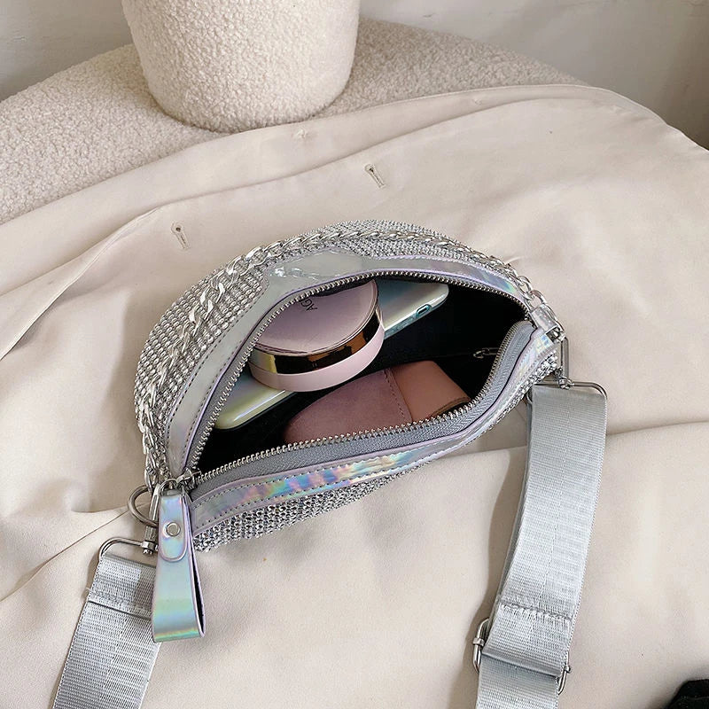 Leather Waist Pack Crossbody Chest Bags Bright Diamonds Female Belt Bag