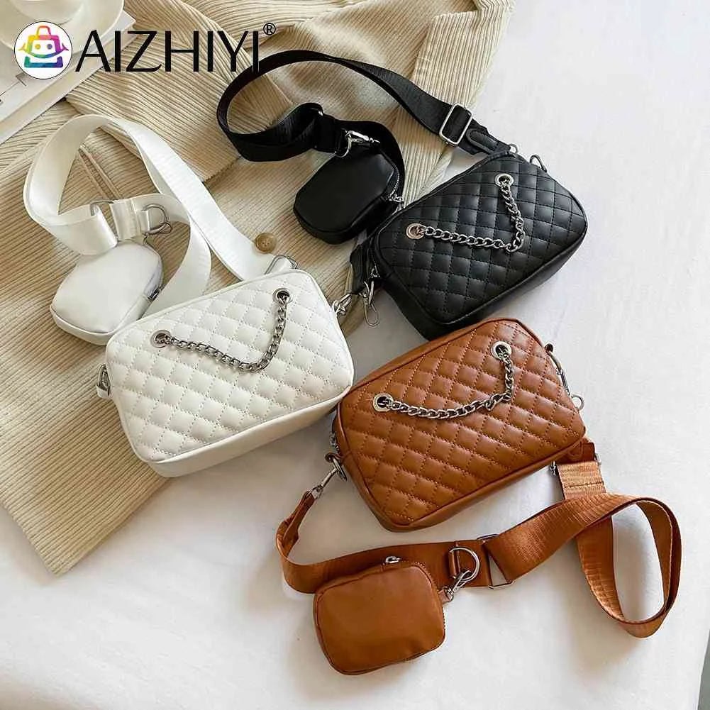 Embroidered Rhombic Lattice Crossbody Bag with Small Purse