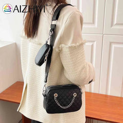 Embroidered Rhombic Lattice Crossbody Bag with Small Purse