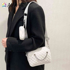Embroidered Rhombic Lattice Crossbody Bag with Small Purse