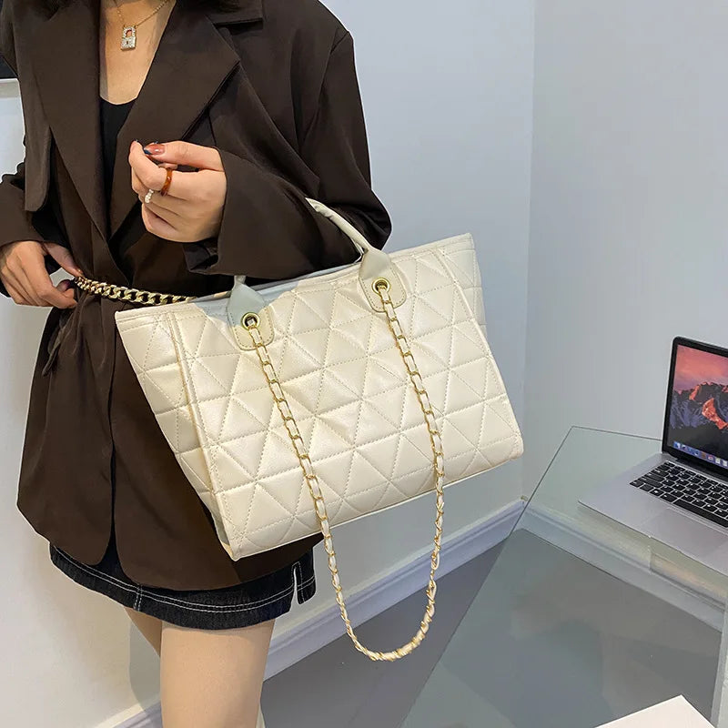 Women's Diamond Lattice Tote Bag Large Capacity PU Leather Crossbody Bag