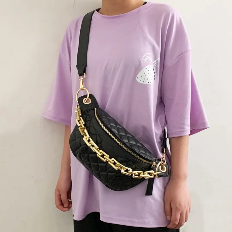 Chain Chest Bag Women Lattice Messenger Bag Saddle Bag Handbag