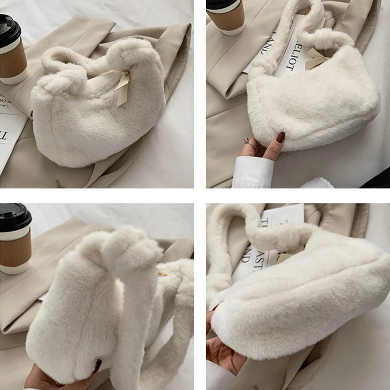 Vintage Mini Shoulder Bag for Women Soft Plush Lady Handbag Winter Tote