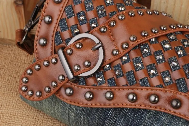 Women Leather Denim Shoulder Crossbody Handbag