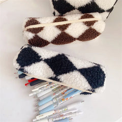 Checkerboard Flannel Pencil Case Large Capacity Stationery Bag
