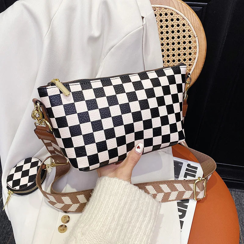 Checkerboard Women Shoulder Bag Wide Strap Crossbody Bag Chain Sling Bag