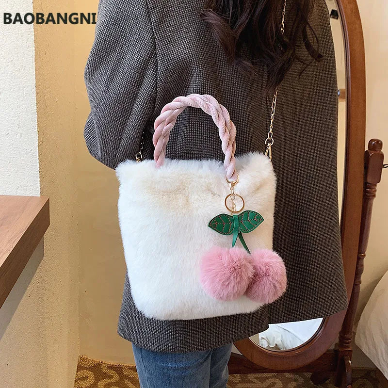 Cherry Fluffy Chain Plush Tote Bag Soft Furry Handbag Fur Shoulder Bags