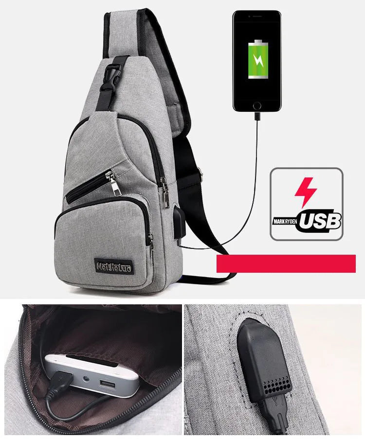Men's Oxford Chest Bag USB Charging Crossbody