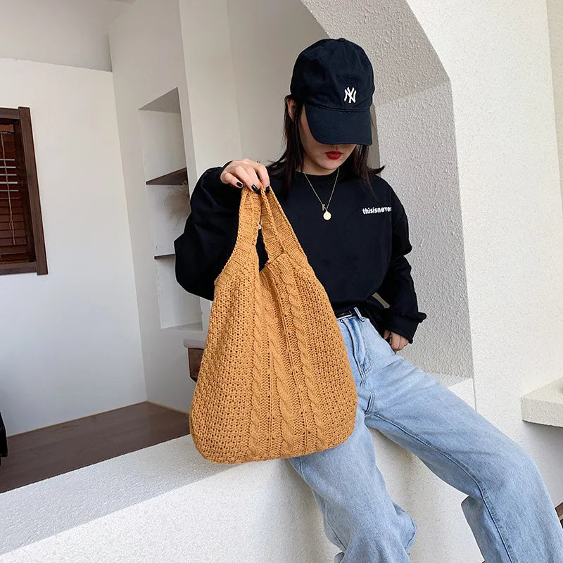 Large Capacity Knitting Shopping Bag Portable Wool Bag Women Totes Purses