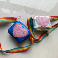 Girls Rainbow Messenger Bag with Sparkling Sequins and Love Print