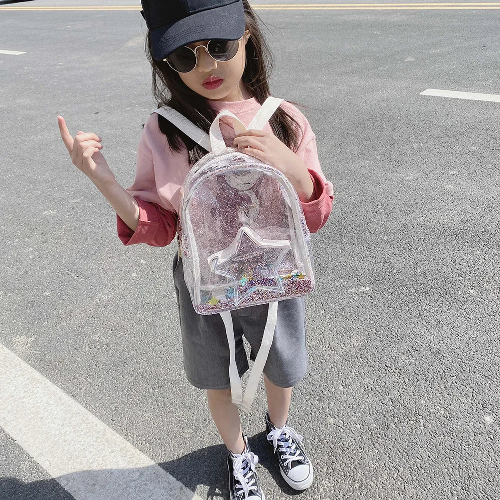 Kids Glitter Stars Backpack PVC Shoulder School Bags Boys Girls Travel