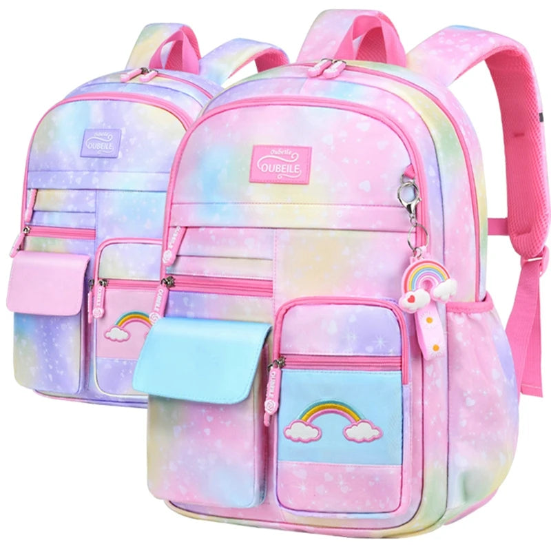 Girls Primary School Backpack Anti-Theft Gradient Rainbow Series Schoolbags