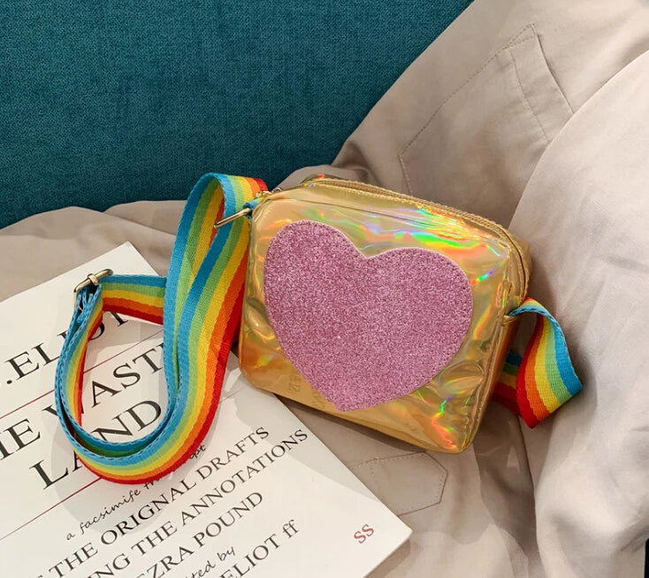 Kids Rainbow Messenger Bag Sparkly Love Print Crossbody
