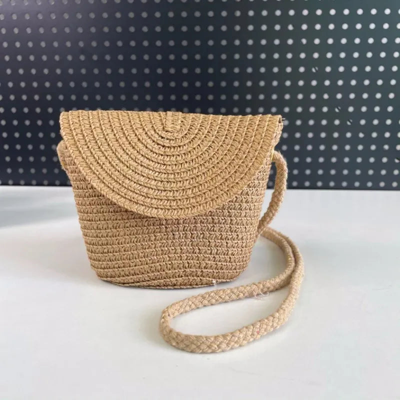Kids Straw One Shoulder Bag Retro Crossbody Zero Wallet Travel Bag