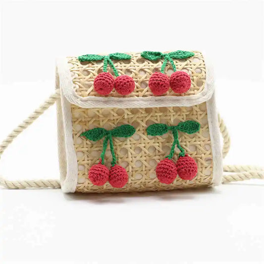 Kids Natural Rattan Woven Bag Cherry Pompon Small Handbag