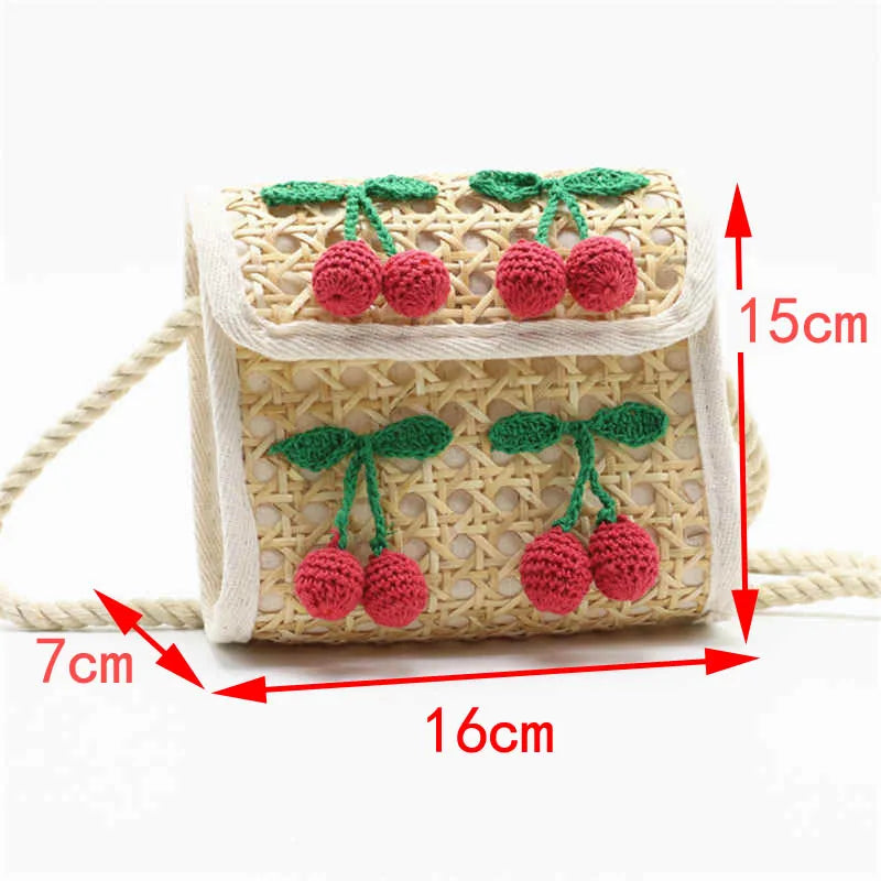 Kids Natural Rattan Woven Bag Cherry Pompon Small Handbag