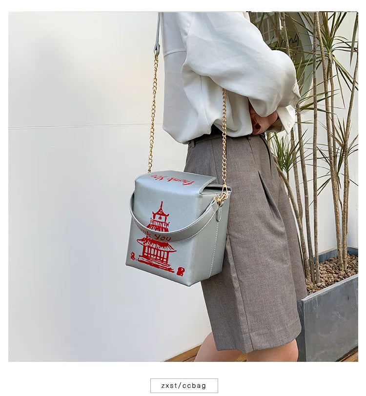 Chinese Take-Out Box Crossbody Bag Tower Print Shoulder Bag