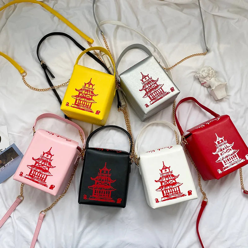 Chinese Take-Out Box Crossbody Bag Tower Print Shoulder Bag