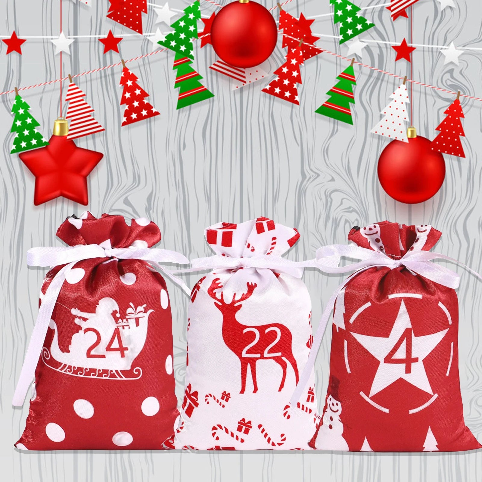 Christmas Advent Calendar Bags 24 Days Countdown Drawstring Gift Pouches