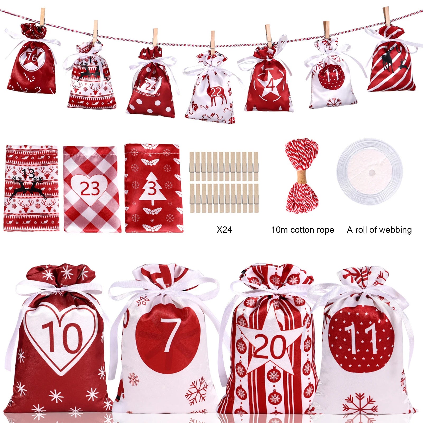 Christmas Advent Calendar Bags 24 Days Countdown Drawstring Gift Pouches