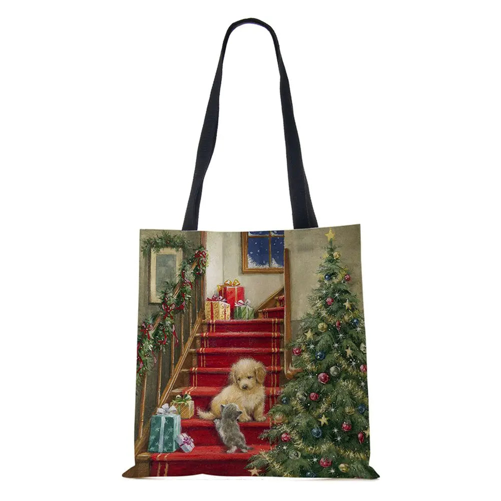 Christmas Tree Harajuku Canvas Shopper Bag Dog Women Reusable Shoulder Bag