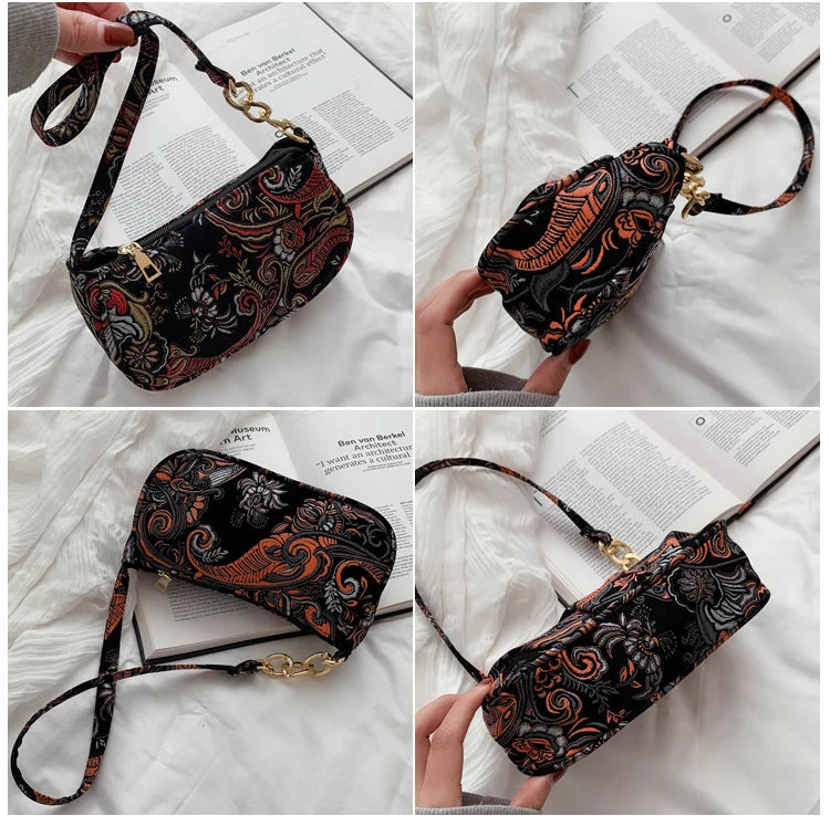Vintage Embroidery Chain Small Top-handle Bag Ladies Handbags