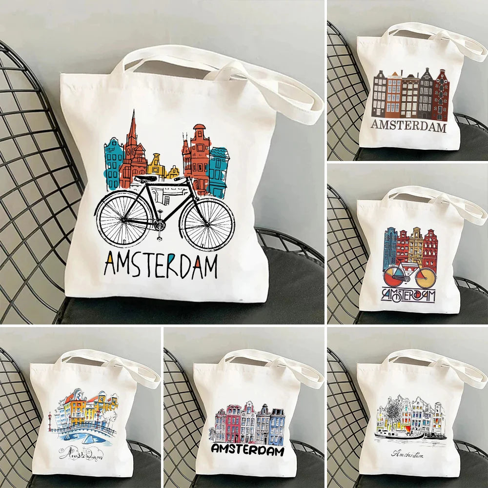 Amsterdam Canal Women Canvas Shoulder Bag Tote Eco Shopper