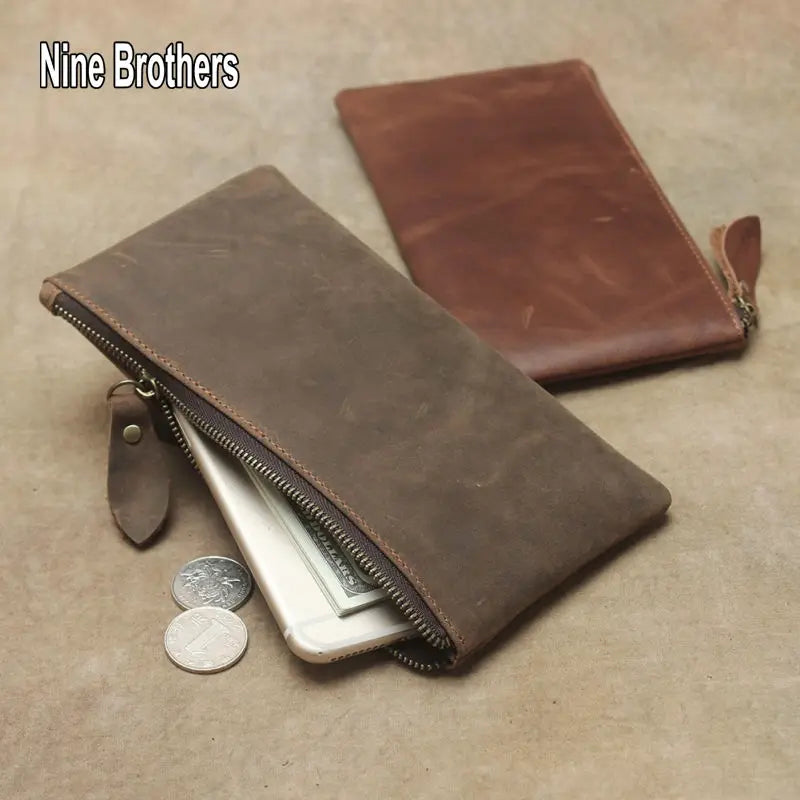 Classic Retro Crazy Horse Leather Men's Zipper Wallet Clutch Bag