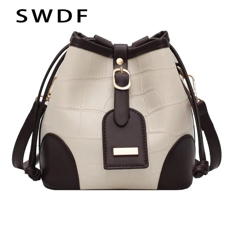 Vintage Small Women Bucket Bags PU Leather Shoulder Bags Drawstring Cross body