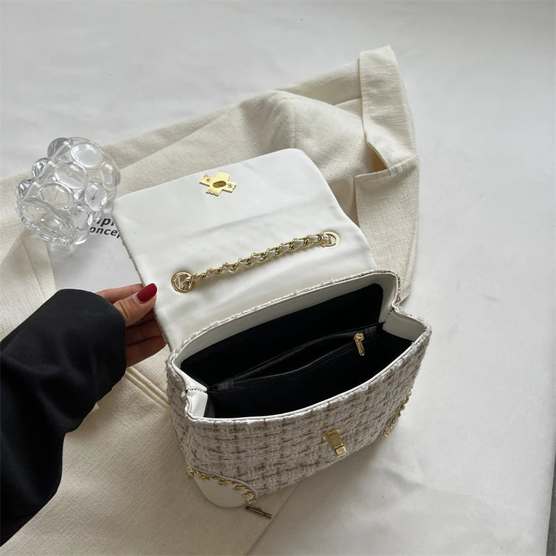 Plaid Woolen Handbag Purse Ladies Shoulder Bag Chain Crossbody
