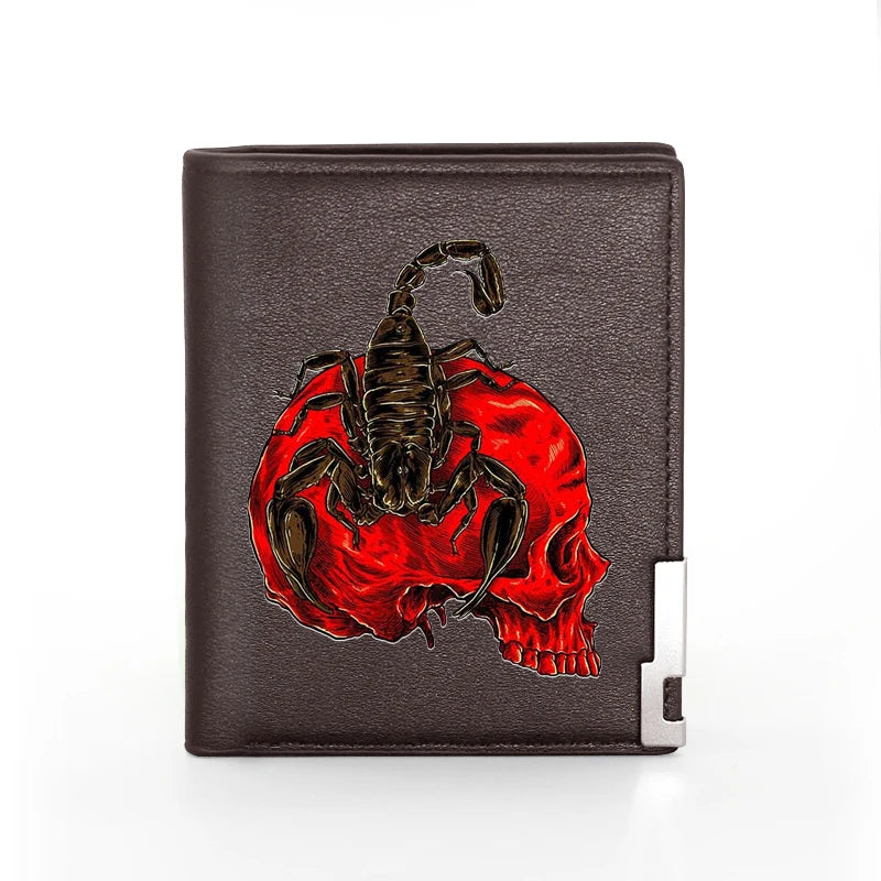 Scorpion Skull Print Leather Wallet Billfold Credit Card Holders Short Purse