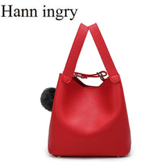 Classic Lady's Handbag Soft PU Metal Button National Style Hair Ball tassel Sing